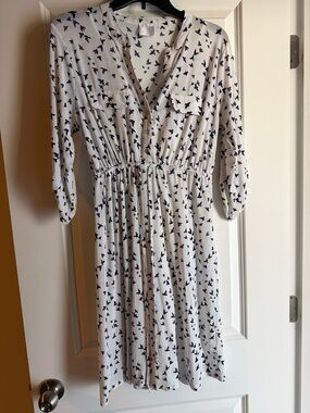 White Bird-Print Shirt Dress with Elastic Waist